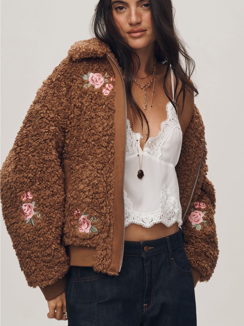 Anthropologie Floral sherpa embroidered Brown Teddy Jacket